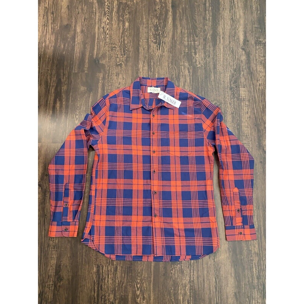 M Singer Long Sleeve Flannel Button Down Shirt Men’s L Large Red Blue Plaid